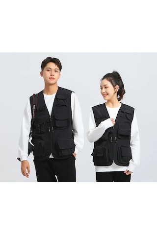 Halbart Örgü Çok Cepli Unisex Spor Balıkçılık Yeleği Fotoğrafçılık İş Kıyafetleri Rahat Kargo Yelek Beden Xl Siyah