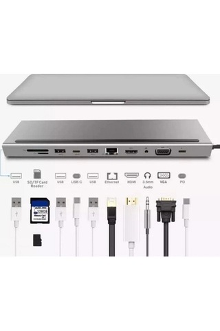 Macbook Uyumlu Usb Type-c Girişli 11 Portlu Hdmı Usb Vga Pd Sd Dönüştürücü