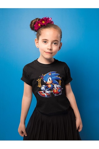 Sevbano Unisex Tasarım Sonic Baskılı Oyun Çocuk Tişört 1-12 Yaş Siyah