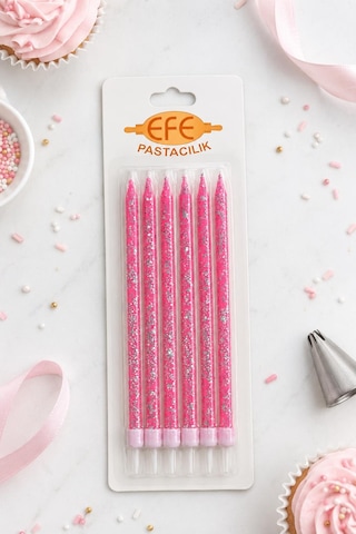 Pembe Gümüş Simli Uzun Pasta Mumu 17 Cm Karışık