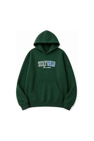 Herkesemoda Stay Wild Baskılı Kanguru Cepli Oversize Sweatshirt Yeşil