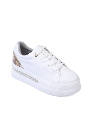 Shoetek Olala Kadın Sneakers Bağcıklı Arka Desenli Spor Ayakkabı Beyaz Deri Beyaz