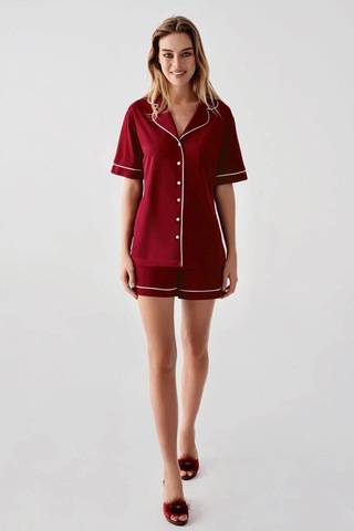 Liyuza Freshness 324 Kadın 4'lü Sabahlıklı Şorlu Pijama Takımı Bordo