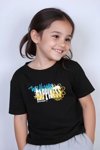 Fyk Kids Kız Çocuk Wellcome Happines Baskılı Tişört Siyah