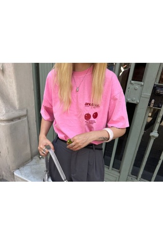 Noıssey Pembe Yazlık Pembe Oversize Pamuklu Bisiklet Yaka Kadın