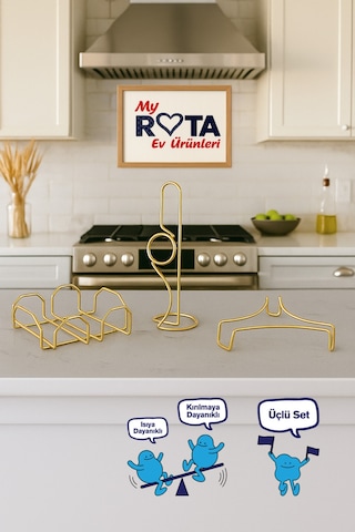 Servis Sunum Seti, Rota Kağıt Havluluk, Kare Peçetelik, Üçgen Nihale, Üçlü Set, Paslanmaz Çelik Tel Gold