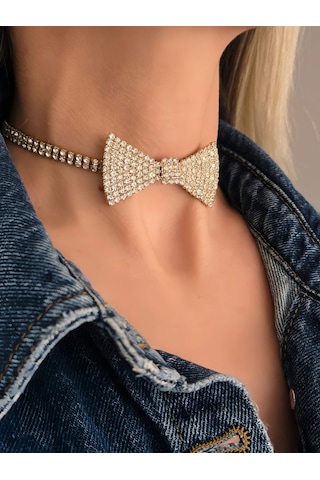 Papyon Model Rhinestone Choker Tasma Model Gold Renk Kolye Gold Çok Renkli