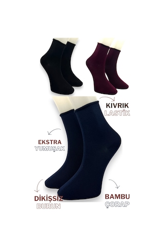 Premium 3 Çift Bambu Kadın Lastiksiz Roll Top Soket Dikişsiz Çorap / Iz Bırakmaz / Sıkmayan Çorap Siyah Lacivert Bordo