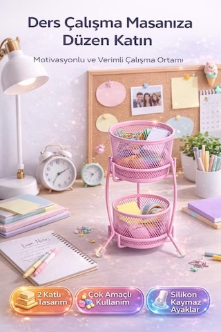 Need Nd-2011 Çok Amaçlı İki Katlı Masaüstü Organizer Metal Masa Düzenleyici Pembe