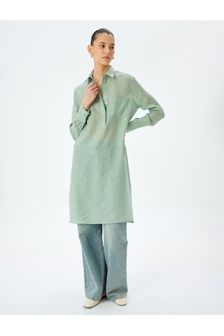 Koton Cepli Düğmeli Gömlek Yaka Keten Karışımlı Uzun Oversize Tunik Yeşil 5sak60170uw Yeşil
