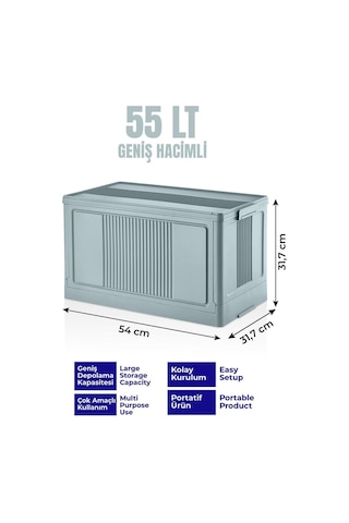 Dev Boy Katlanır Kilit Kapaklı Kasa 55 Litre Hacimli, Yer Kaplamayan Portatif Saklama Kutusu Ardiye, Balkon, Mutfak, K Çok Renkli