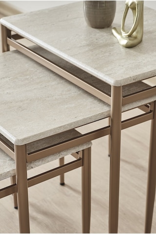 Damrin Serisi Traverten Desen 1. Sınıf Mebran Mdf 3 Lü Zigon Sehpa Takımı Traverten Desen - Bronz Ayak