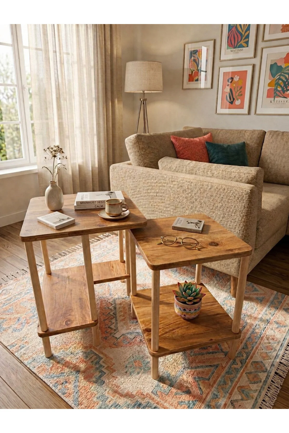 Modern Minimal Tasarım Yan Sehpa Dekoratif Ahşap Zigon Sehpa 2li Set 40 50cm Atlantik Çam