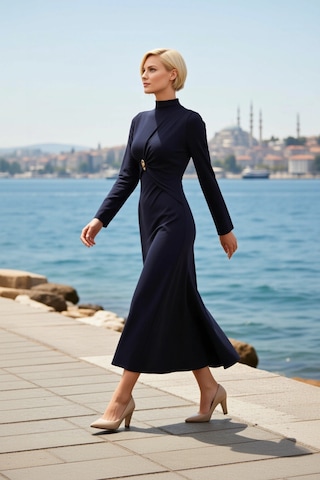 Benerly Kadın Maxi Elbise Yüksek Yaka Uzun Kol Örme Sandy Kumaş Kalıp Ast Lacivert