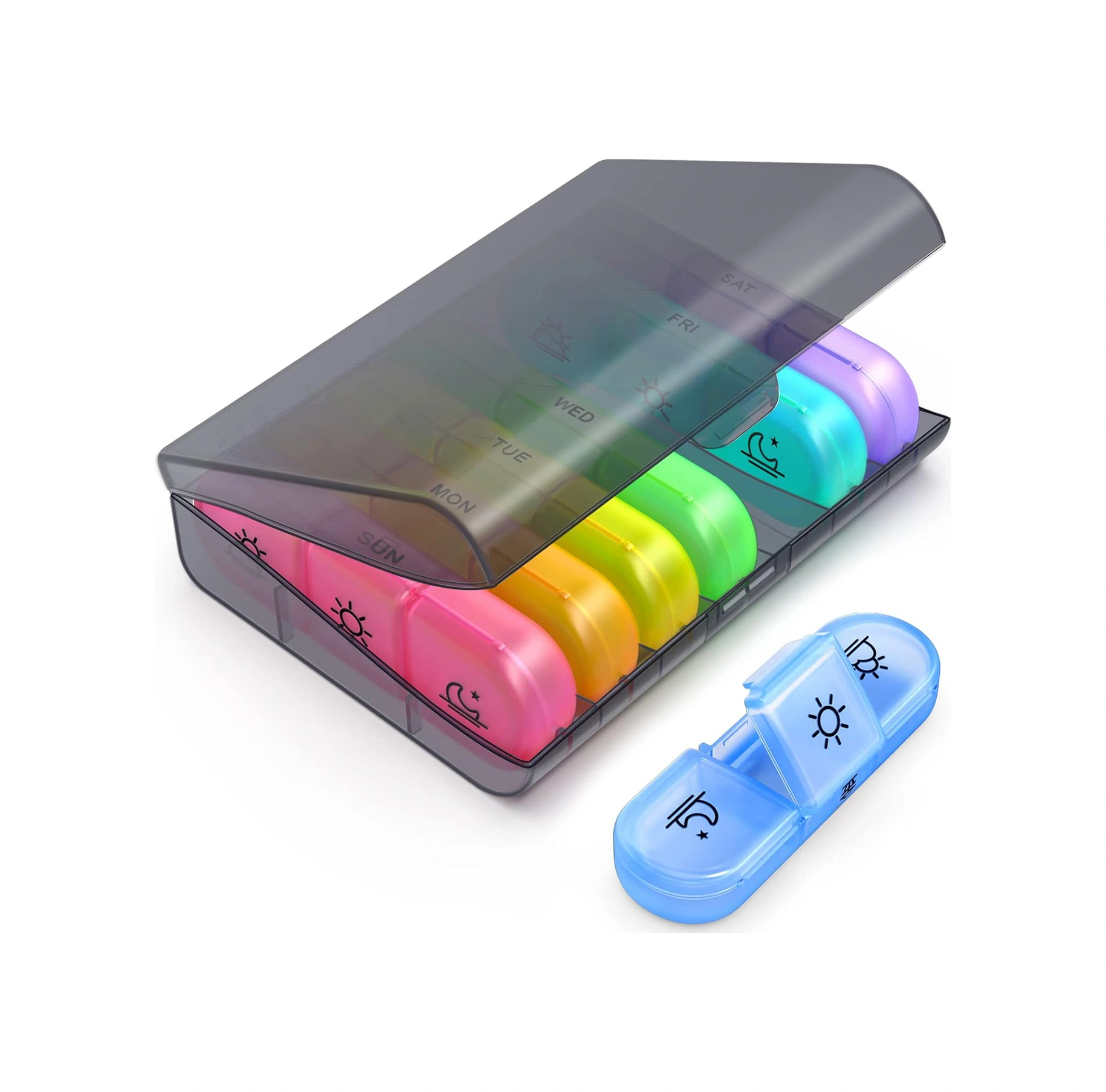 Konesam 7 Günlük 21 Bölmeli Büyük Kapasiteli İlaç Kutusu - Nem Koruma, Kolay Açma, Geçici Hafıza Sorunu Olanlar İçin Transparan Siyah + Renkli Bölmeler Çok Renkli