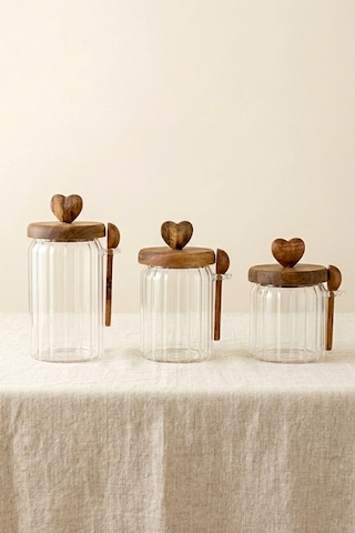 3 Boy Kalpli Vakumlu Akasya Kapaklı,kaşıklı Cam Kavanoz-şekerlik,baharatlık 460ml,570ml,760 Ml Kahverengi
