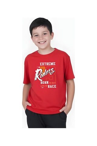 Panios Kids Extreme Riders Baskılı Erkek Çocuk Yuvarlak Yaka Kısa Kollu T-shirt Kırmızı