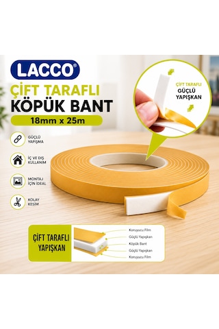 Lacco Çift Taraflı Köpük Bant 18 Mm X 25 M Güçlü Yapışkanlı Montaj Bandı Çok Amaçlı Beyaz 1 Adet