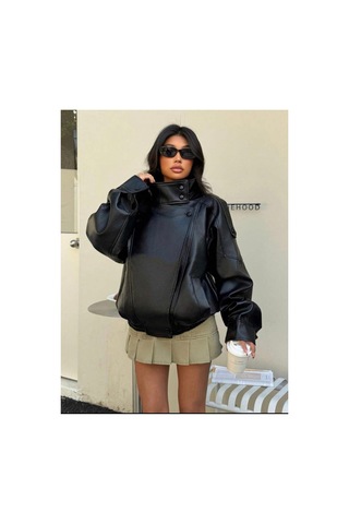 Laleli Butik Viral Oversize Kadın Deri Ceket Yüksek Yaka Siyah Urban Style Kadın Deri Ceket Siyah&blackest Siyah&Blackest