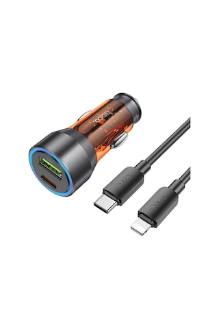 Hoco Nz12a Action Pd43w Usb + Type-c Araç Çakmaklık Hızlı Şarj Aleti + Type-c To İphone Lightning Ka- 5775