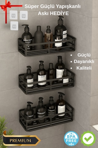 3 Lü Banyo Düzenleyici Organizer Şampuanlık Havlupan Askısı Havluluk Siyah Banyo Duş Mutfak Rafı Çok Renkli