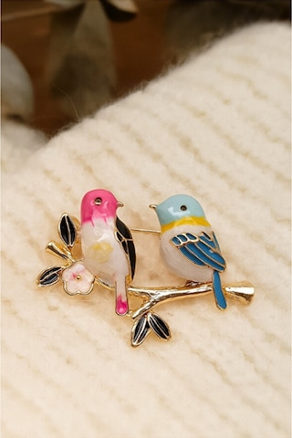 Lovebirds Kuşlar Broş 42x30 Mm Pembe Altın