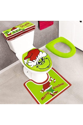 Qingmipy Grinch Noel Banyo Seti - 4 Parça Tuvalet Kapağı, Koltuk Pedi Ve Halı Yeşil Noel Dekoru