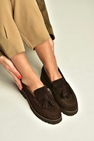 Fox Shoes Z944014461 Kahverengi Süet Kalın Tabanlı Püsküllü Loafer Ayakkabı