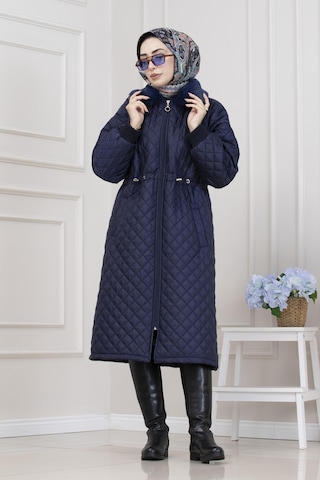 Yakası Kürklü Capitone Mont-lacivert-5564 Lacivert