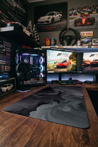 Koyu Gri Soyut Duman Dalgaları 40x90 Cm Oyuncu Mousepad Kaymaz Taban Büyük Boy Mousepad