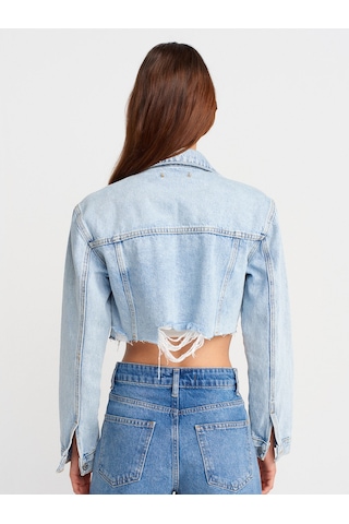 Dilvin 65377 Lazer Detaylı Crop Denim Ceket-mavi Mavi