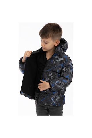 Erkek Çocuk Saks Antrasit Dijital Desen İçi Polar Su Ve Rüzgar Geçirmez Kapüşonlu Şişme Kışlık Mont Antrasit - Saks Mavi