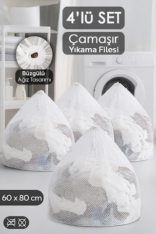 4'lü Perde Ve Çamaşır Yıkama Filesi Seti - Büyük Boy İpli Yıkama Filesi 60x80 Cm Beyaz