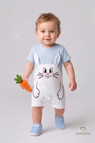 Babyden's Tavşan Baskılı Şortlu Erkek Bebek Tulum %100 Pamuk Yazlık Kısa Kollu Çıtçıtlı Yenidoğan Bebek Tulumu 0-9 Ay Bebe Mavisi