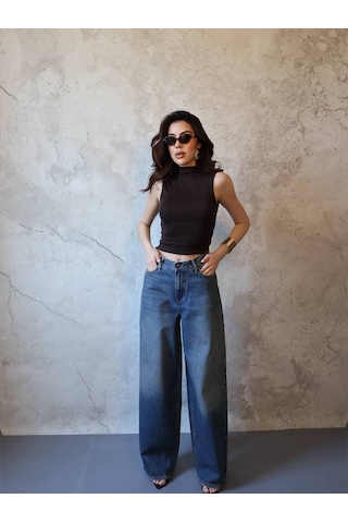 Hopıan Kadın Mavi Yüksek Bel Geniş Paça Vintage Yıkama Wide Leg Jean Pantolon Blue Jeans