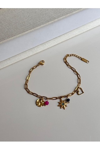 Renkli Taşlı Yıldız Figürlü Altın Kaplama Kadın Çelik Bileklik Altın