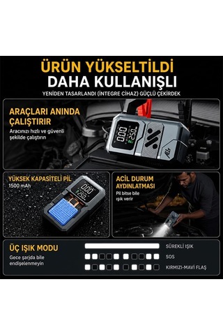 4 İn1 Jump Starter Lastik Sisirme Pompası Ve Powerbank Özellikli Starter Akü Takviye Seti, Sıyah
