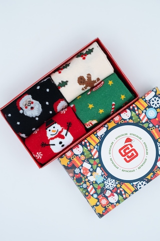 Stocalze Unisex Soket Çorap. Noel Ve Yılbaşı Temalı 4 Farklı Desenli Ve Renkli Kutulu Pamuklu Çorap Seti. Kırmızı - Yeşil - Siyah - Ekru
