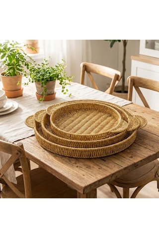 Durukar İç İçe Geçebilen 3 Lü Yuvarlak Plastik Rattan Tepsi Seti Hasır Görünümlü Çok Amaçlı Servis