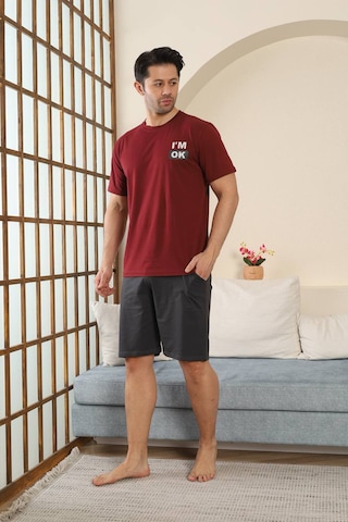 Seboteks %100 Pamuklu Kısa Kollu Cepli Erkek Şortlu Pijama Takımı 2015 Bordo