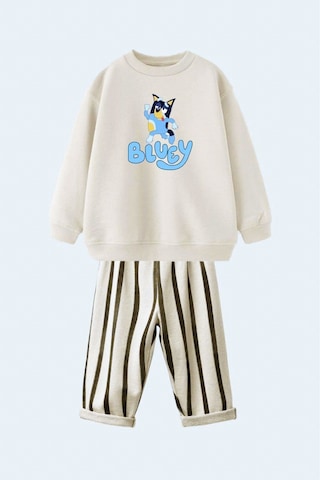 Miniko Kids Lucco Erkek Çocuk Bluey Modelli 3 İplik Şardonsuz Eşofman Takımı Ekru