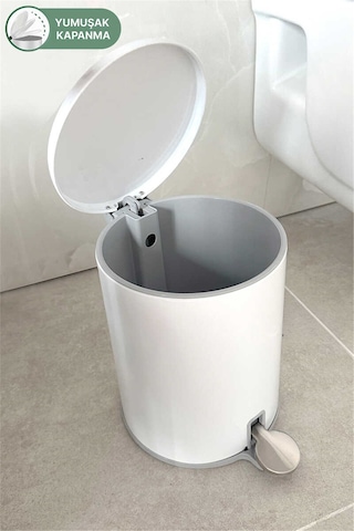 Cigo 6 Lt Yumuşak Kapanan Pedallı Banyo Mutfak Ofis Çelik Çöp Kovası - Beyaz & İç Kısım Gri-7311