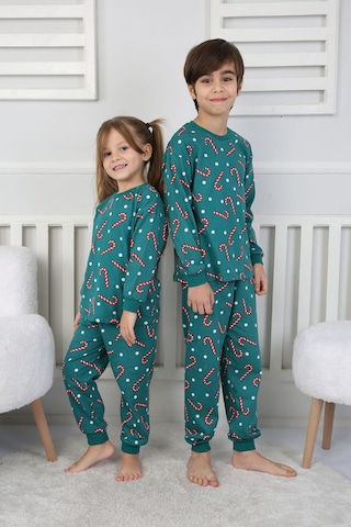 Zuzunga Yılbaşı Temalı Baston Şeker Desenli %100 Pamuk Unisex Pijama Takımı Yeşil1 Yeşil