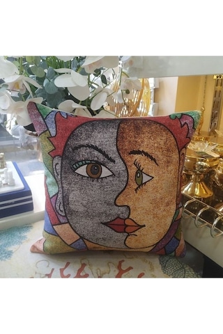 Goblen Soyut Yüz Desenli Kırlent Kılıfı