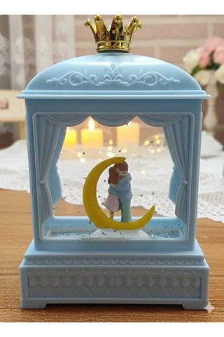 Romantik Ay Ve Çift Figürlü Işıklı 3 Müzik Modlu Kar Küresi - Prens Tacı Detaylı Dekoratif Biblo -