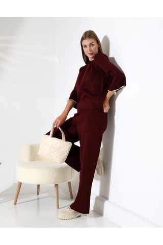 İnci Volanlı Kol Detaylı Triko Takım Bordo