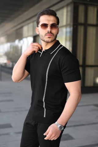 Butik İstanbul Erkek Çizgi Detaylı Yakalı Triko Tişört Koyu Bordo