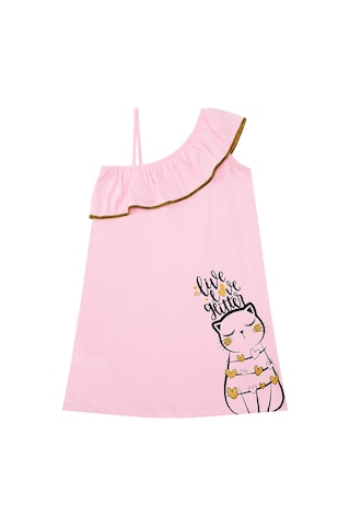 Denokids Kedi Kız Çocuk Yazlık Fırfırlı Penye Pembe Kız Elbise