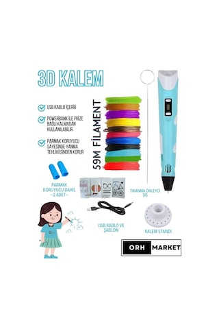 Mavi 3D Kalem 3D Pen Yazıcı Kalem – 10 Adet 5 Metrelik PLA Filament (Toplam 50M) + USB Kablo
