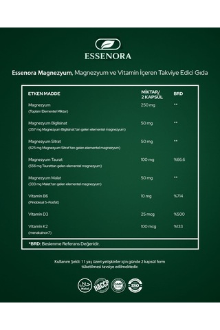 Essenora Magnezyum Komplex B6 D3-k2 60 Kapsül